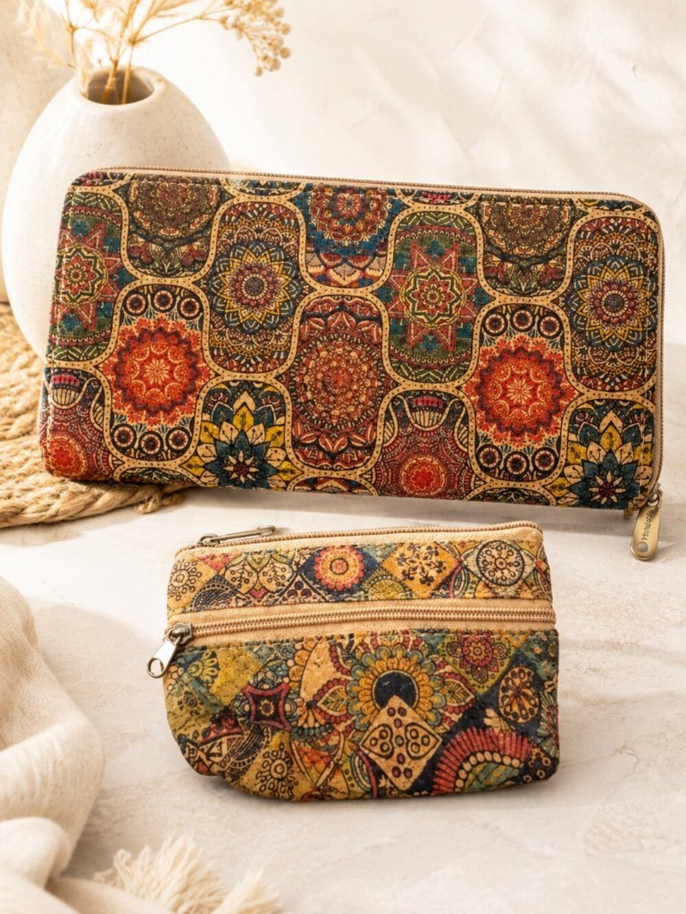 Cork Wallet & Coin Pouch Set Colorful Geometric Print
